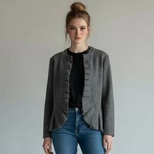 Tinley Road Women’s 100% Wool Jacket Medium Gray Ruffle Front Open Blazer